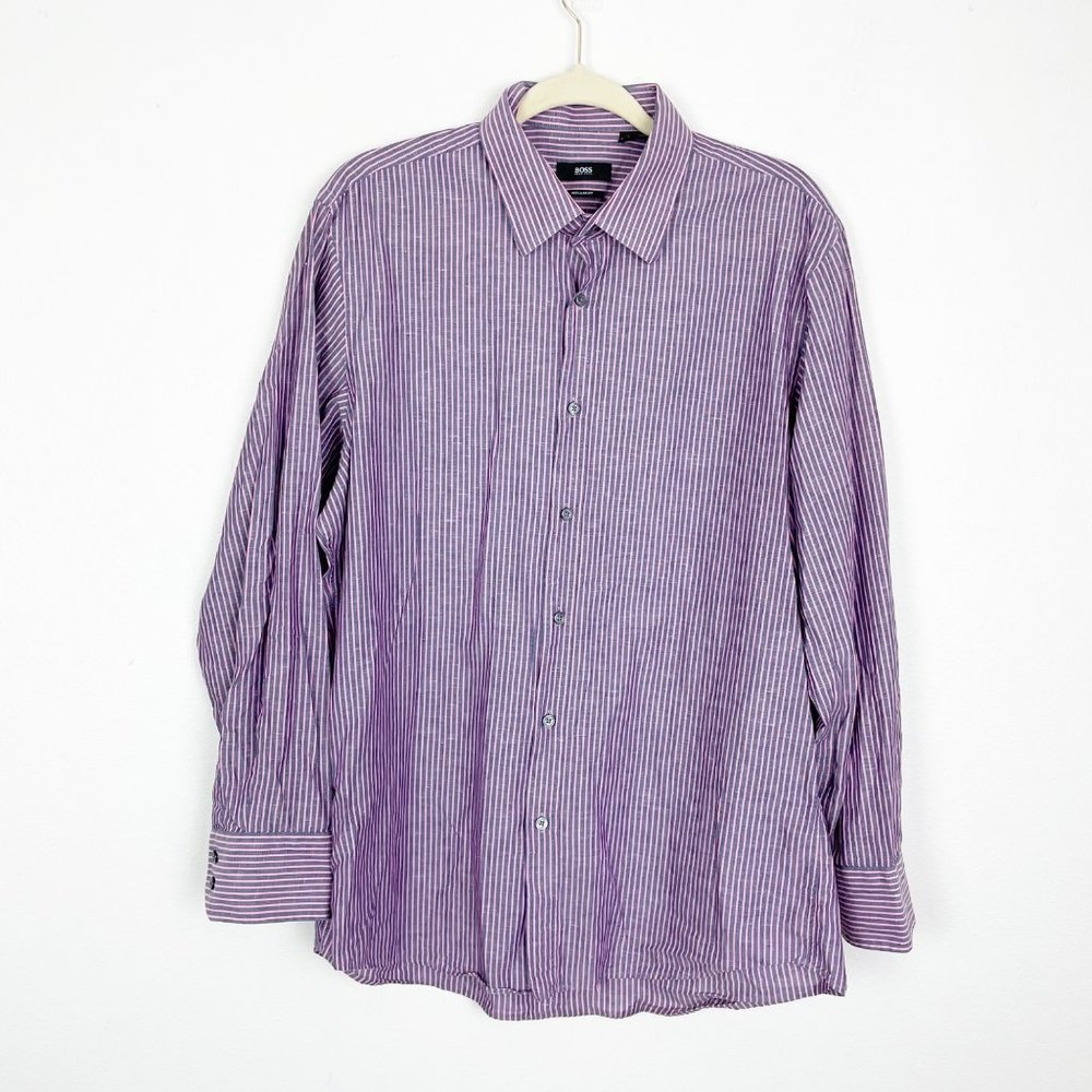 Boss Hugo Boss Men's 16.5/ 32 Pink and Purple Linen Cotton‎ Blend Button Down